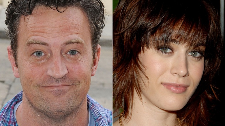 A split image of Matthew Perry and Lizzy Caplan