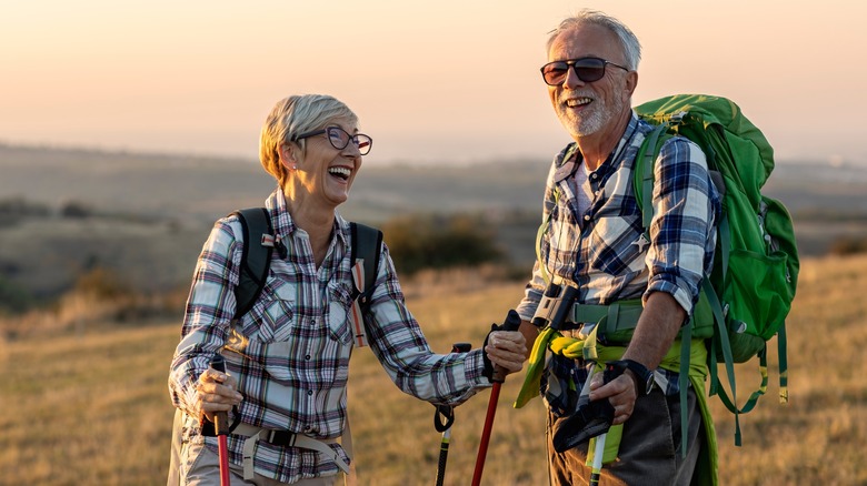 A mature couple hiking