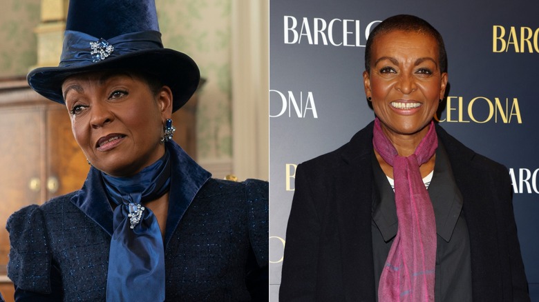 (L) Adjoa Andoh as Lady Agatha Danbury in Episode 306 of "Bridgerton" (R) Adjoa Andoh attends the "Barcelona" West End opening in 2024