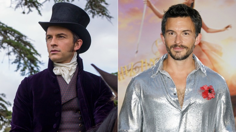 (L) Jonathan Bailey as Anthony Bridgerton in Episode 101 of "Bridgerton" (R) Jonathan Bailey attends "Wicked" premiere