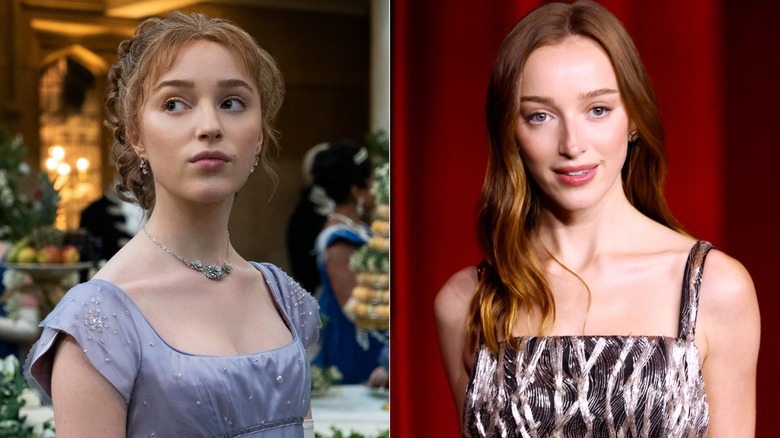 (L) Phoebe Dynevor as Daphne Bridgerton in Episode 108 (R) Phoebe Dynevor attending the Academy Museum Gala in 2024