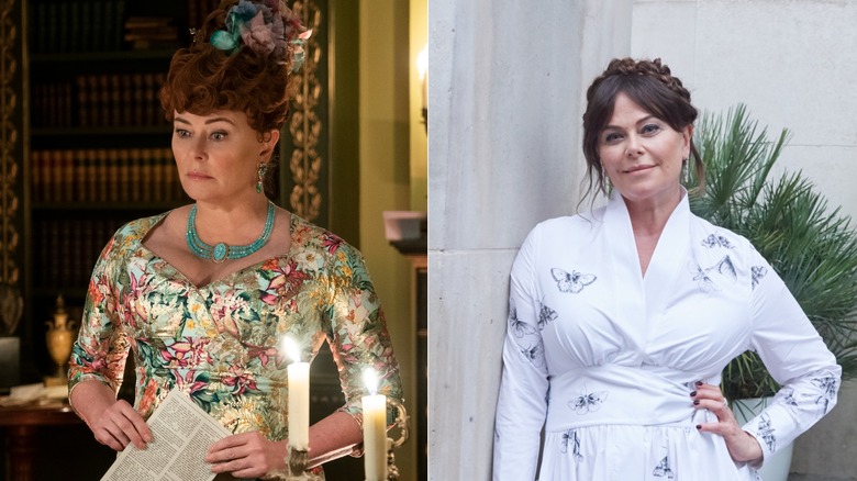 (L) Polly Walker as Portia Featherington in Episode 102 (R) Polly Walker wears white at 2023 Screen Actors Guild Award event