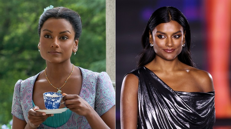 (L) Simone Ashley as Kate Sharma in Episode 203 of "Bridgerton" (R) Simone Ashley in metallic dress