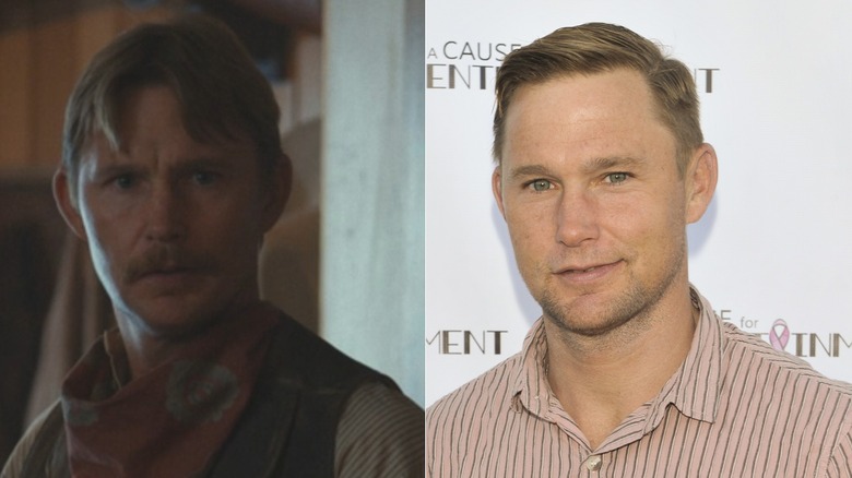 A split image of Brian Geraghty on 1923 and in real life on a red carpet