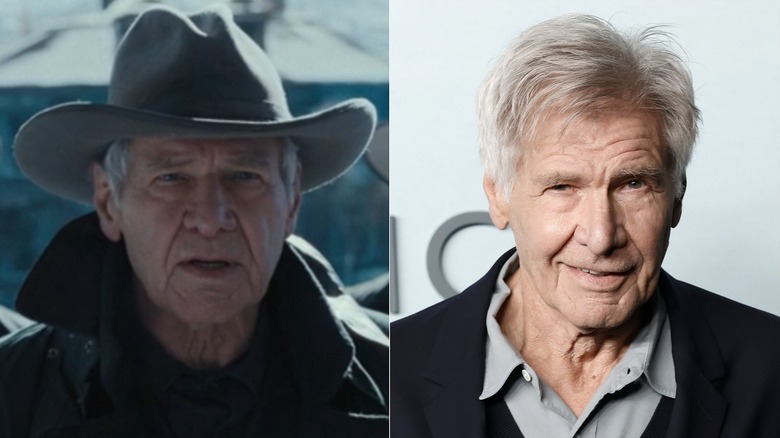 A split image of Harrison Ford on 1923 and in real life on a red carpet