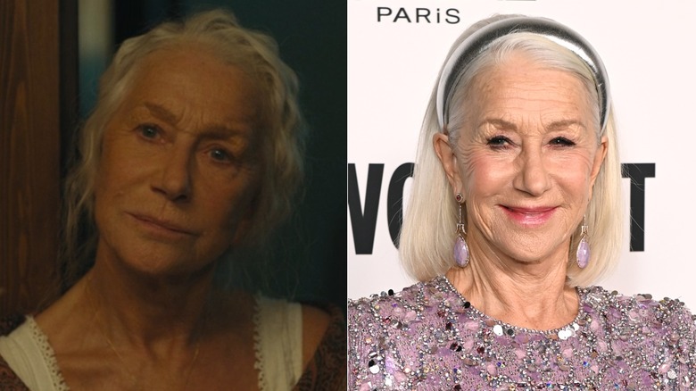 A split image of Helen Mirren on 1923 and in real life on a red carpet