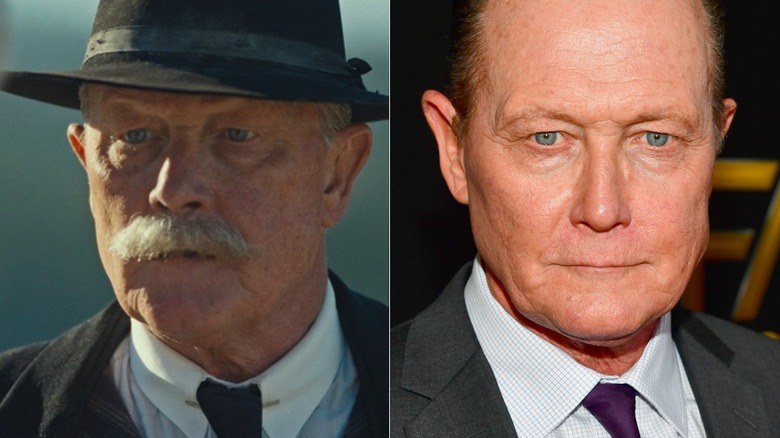 A split image of Robert Patrick on 1923 and in real life on a red carpet