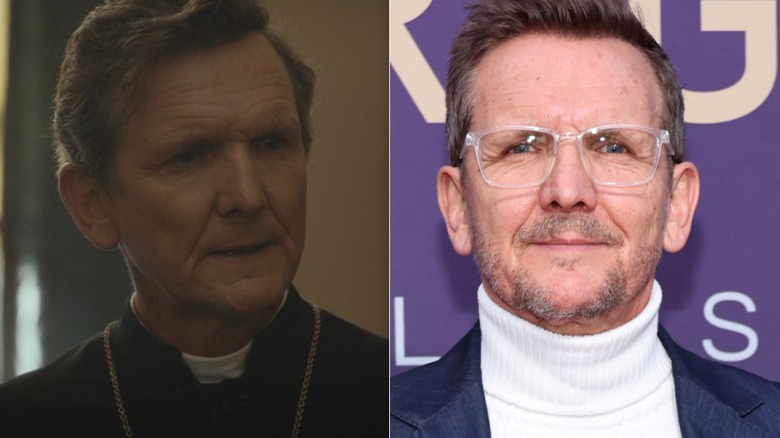 A split image of Sebastian Roché on 1923 and in real life on a red carpet