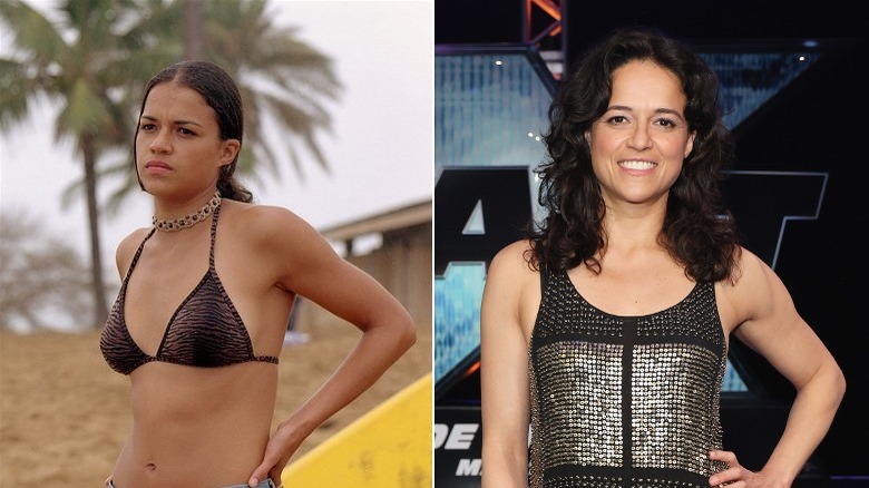 Michelle Rodriguez in "Blue Crush" and current photo of Rodriguez