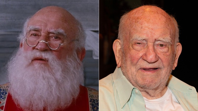 A split image of Ed Asner as Santa and recently