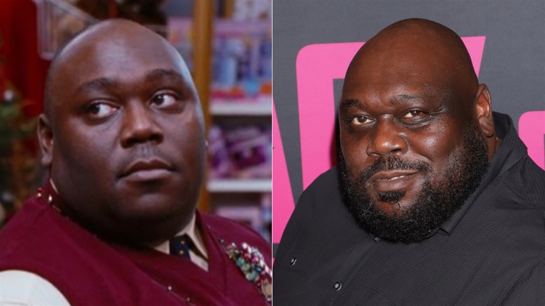 A split image of Faizon Love in Elf and recently