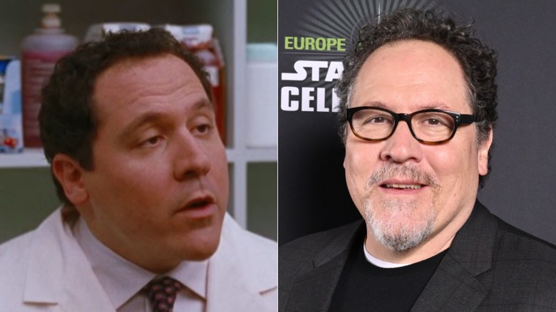 A split image of Jon Favreau in Elf and recently