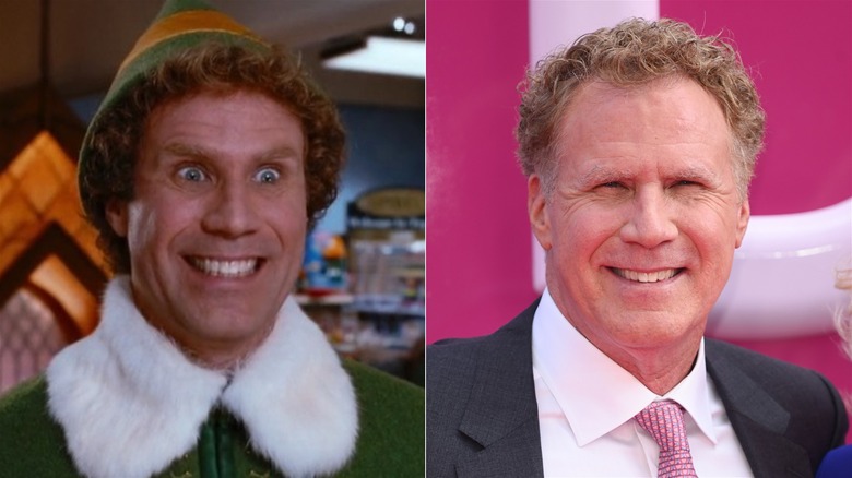 A split image of Will Ferrell in Elf and recently