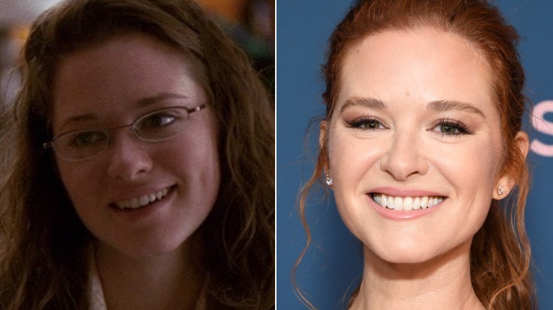 A split image of Sarah Drew on Everwood and a red carpet