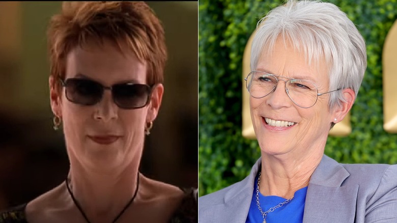 Jamie Lee Curtis smiling, splitscreen