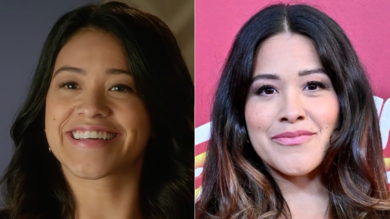 A split image of Gina Rodriguez on Jane the Virgin and a red carpet