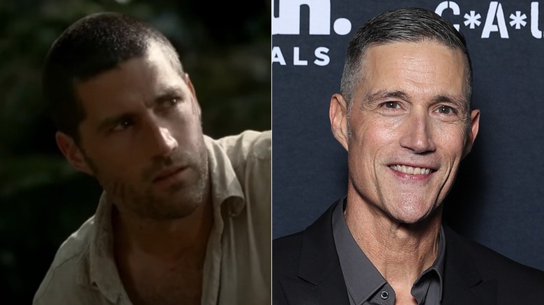 Matthew Fox in Lost and in 2023, posing and smiling