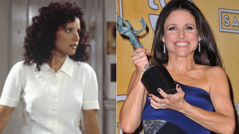 Julia Louis-Dreyfus acting on Seinfeld and Julia Louis-Dreyfus holding up a SAG award