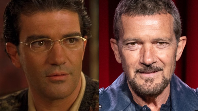 A split image of Antonio Banderas in Spy Kids and recently