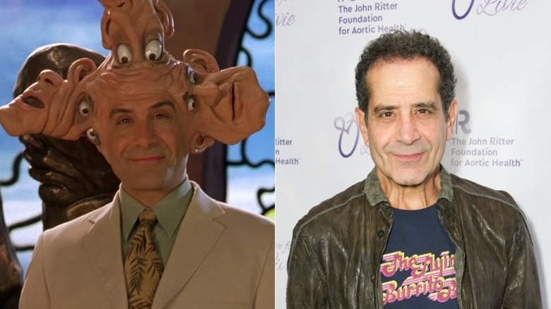 A split image of four-faced Tony Shalhoub in Spy Kids and recently