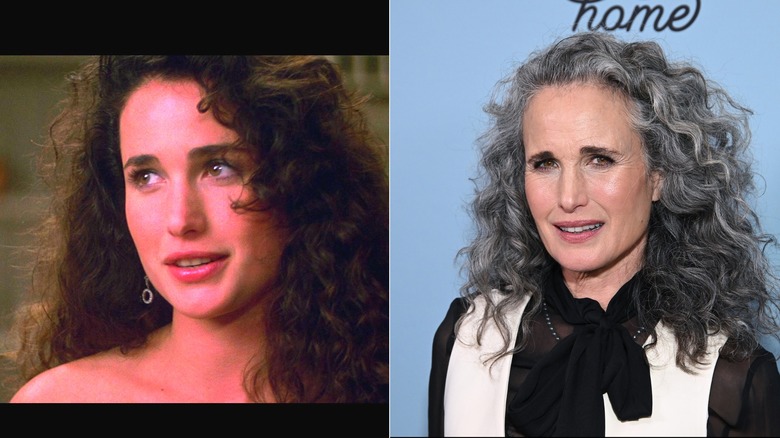 Andie MacDowell acting in St. Elmo's Fire and posing in 2023