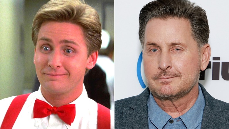 Close up of Emilio Estevex in red tie 1985, close up of Emilio Estevez in blue shirt and jacket 2023