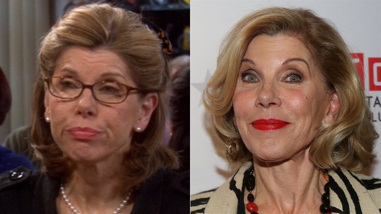 A split image of Christine Baranski acting on BBT and smiling on a recent red carpet