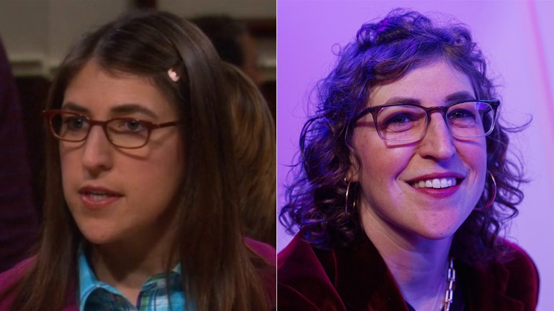 A split image of Mayim Bialik on BBT and smiling recently