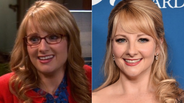 A split image of Melissa Rauch acting on BBT and smiling recently