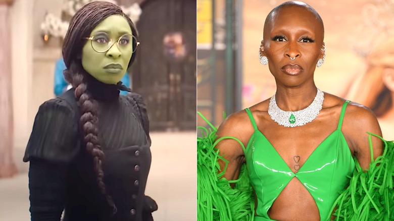 Cynthia Erivo with green skin, braids, and glasses in Wicked, and on the red carpet with a shaved head and brows.