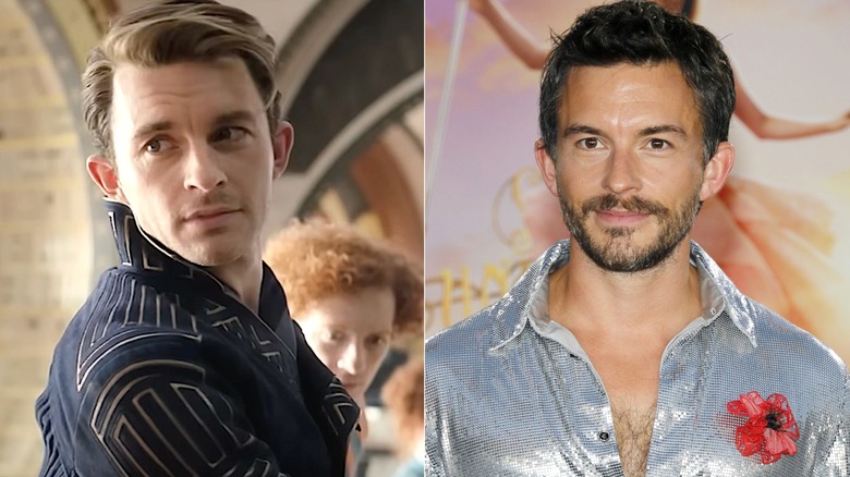 Jonathan Bailey with a clean shave in Wicked, and a beard on the red carpet.