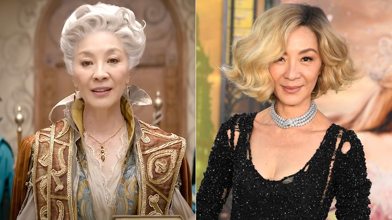 Michelle Yeoh with white hair in Wicked, and with a blonde bob on the red carpet.