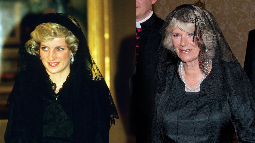 Princess Diana and Camilla Parker-Bowles, split image