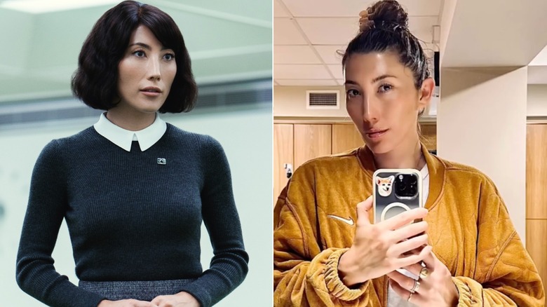 Side-by-side of Dichen Lachman in "Severance" versus a gym selfie