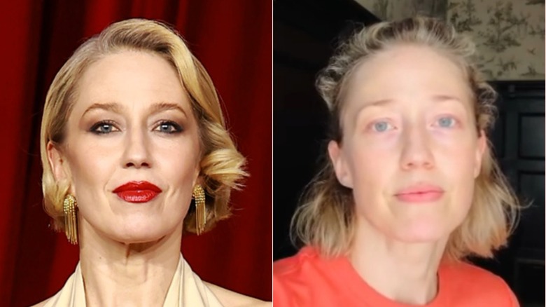 Split image of Carrie Coon without and with makeup