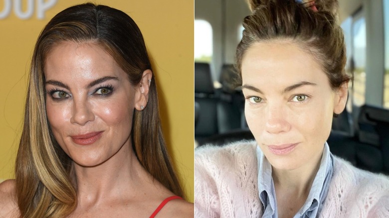 Split image of Michelle Monaghan without and with makeup