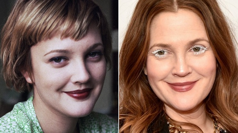 Drew Barrymore smiling, then and now