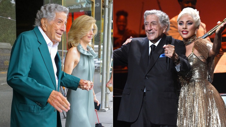 Tony Bennett walking with Susan Benedetto/Tony Bennett singing with Lady Gaga 