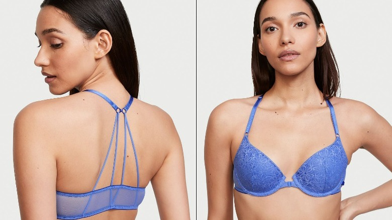 Model wearing blue strappy bra