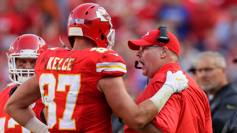 Travis Kelce and Andy Reid on the sidelines 