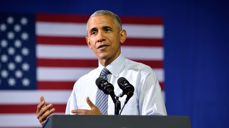 Barack Obama speaking at podium