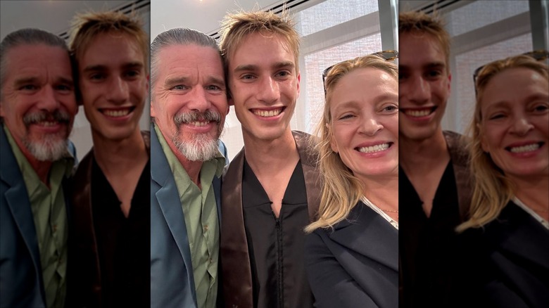 Levon Hawke posing with parents Ethan Hawke and Uma Thurman