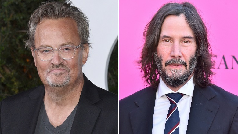 Matthew Perry and Keanu Reeves posing in split image