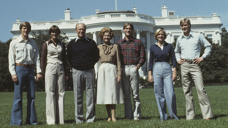 The Ford family posing in front of the White House in 1976