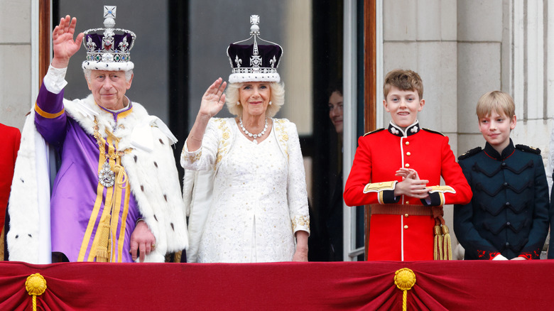 King Charles and Queen Camilla with Pages of Honor Freddy Parker Bowles and Louis Lopes