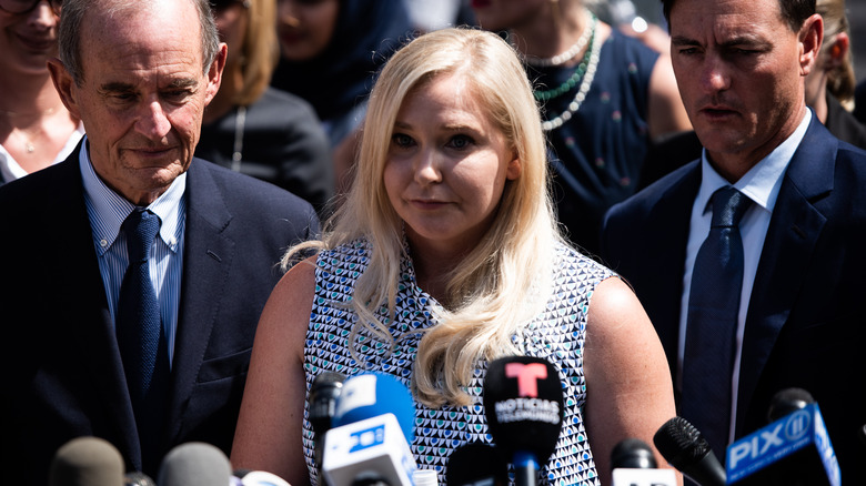 Virginia Giuffre speaking to reporters