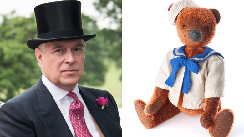 Prince Andrew in top hat next to teddy in sailor suit