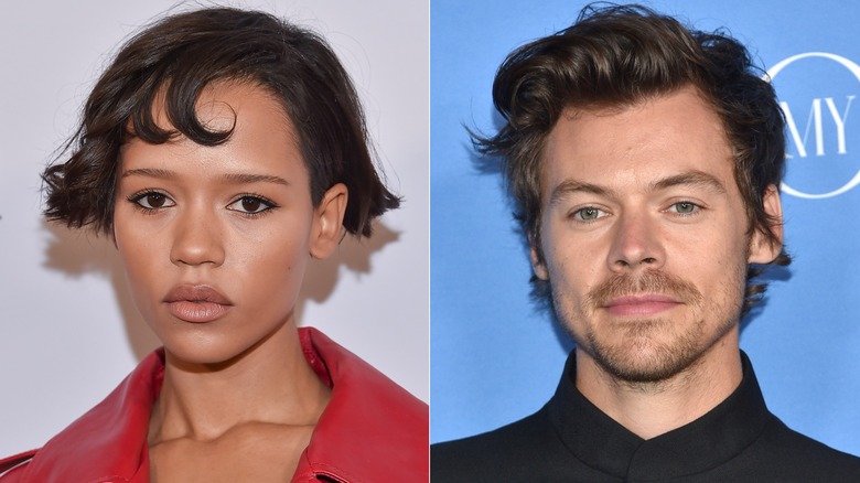 Taylor Russell and Harry Styles split image