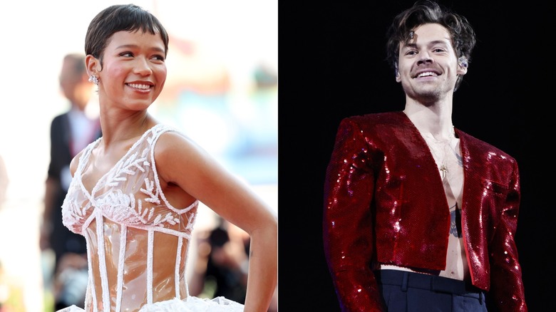 Taylor Russell and Harry Styles split image