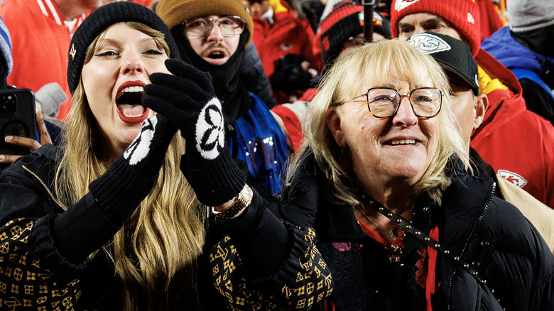 Taylor Swift cheering with Donna Kelce